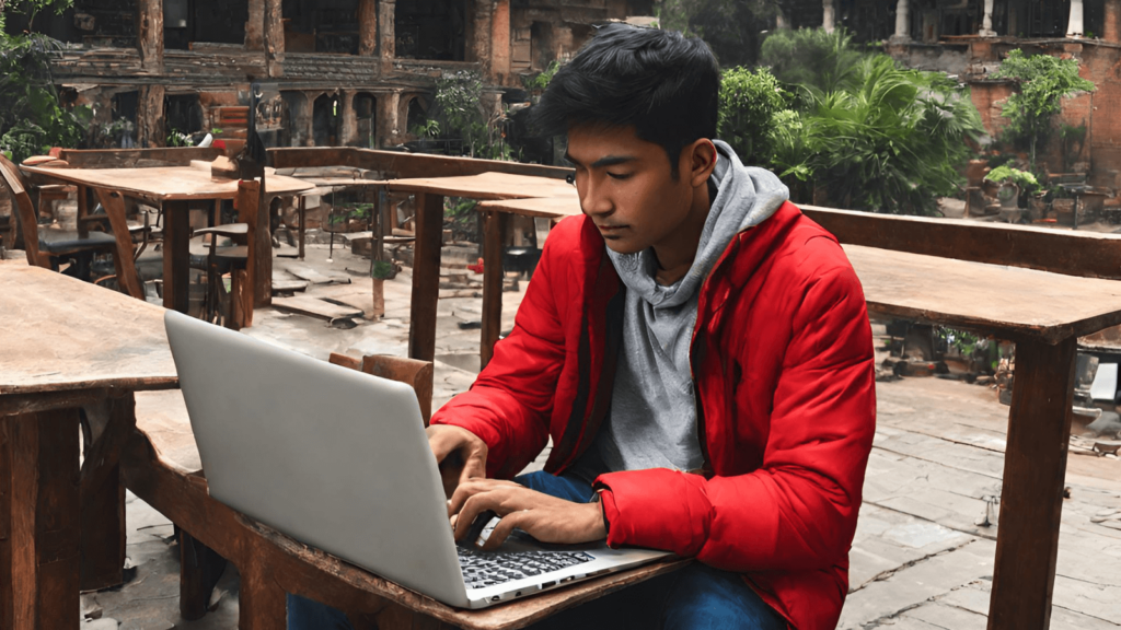 Student preparing DET sitting in a café.